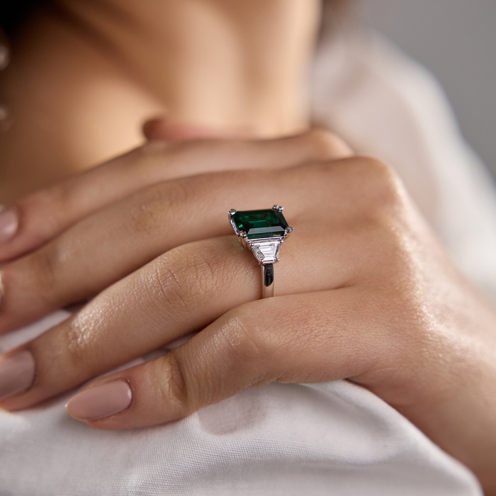 Additional Image 2 for  11x9mm Created Emerald and 1 ctw Lab Grown Diamond Three-Stone Engagement Ring